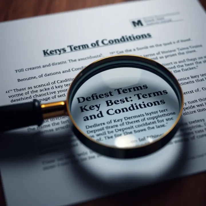 Graphic depicting key terms and conditions highlighted in a contract alongside a magnifying glass