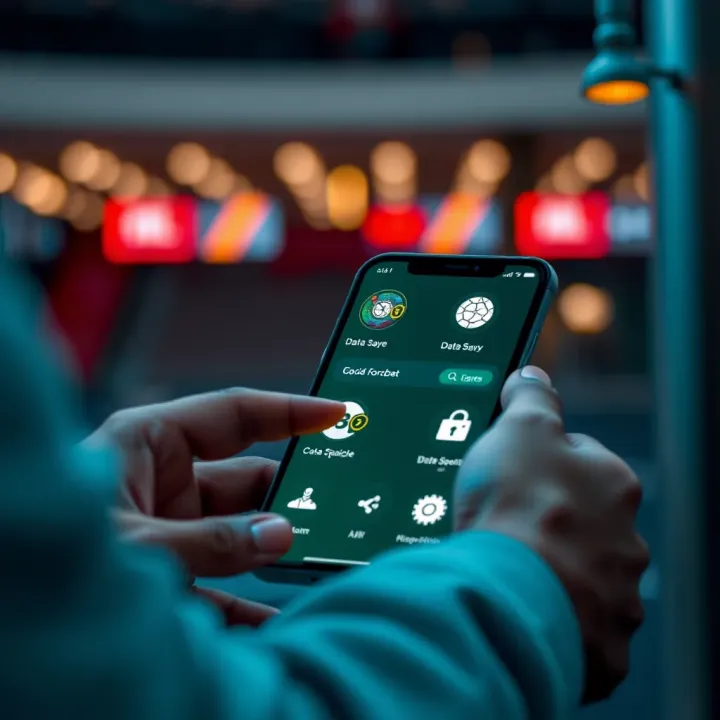 User navigating Forebet mobile app with icons representing data saving and security features