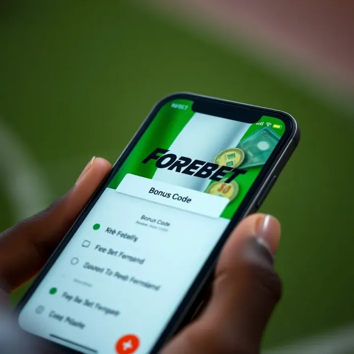 Illustration of a mobile phone screen displaying the Forebet Nigeria bonus code interface with Nigerian currency symbols
