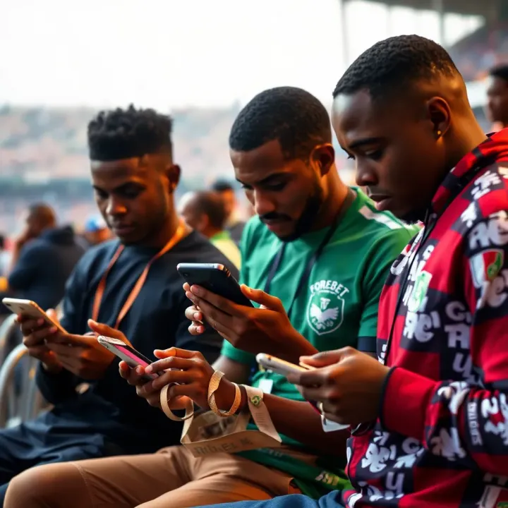 Nigerian football fans analyzing Forebet predictions on digital devices during a football match